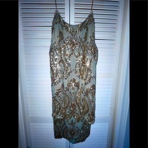 Dress The Population Lola Sequin Teal & Gold Dress. Size: M